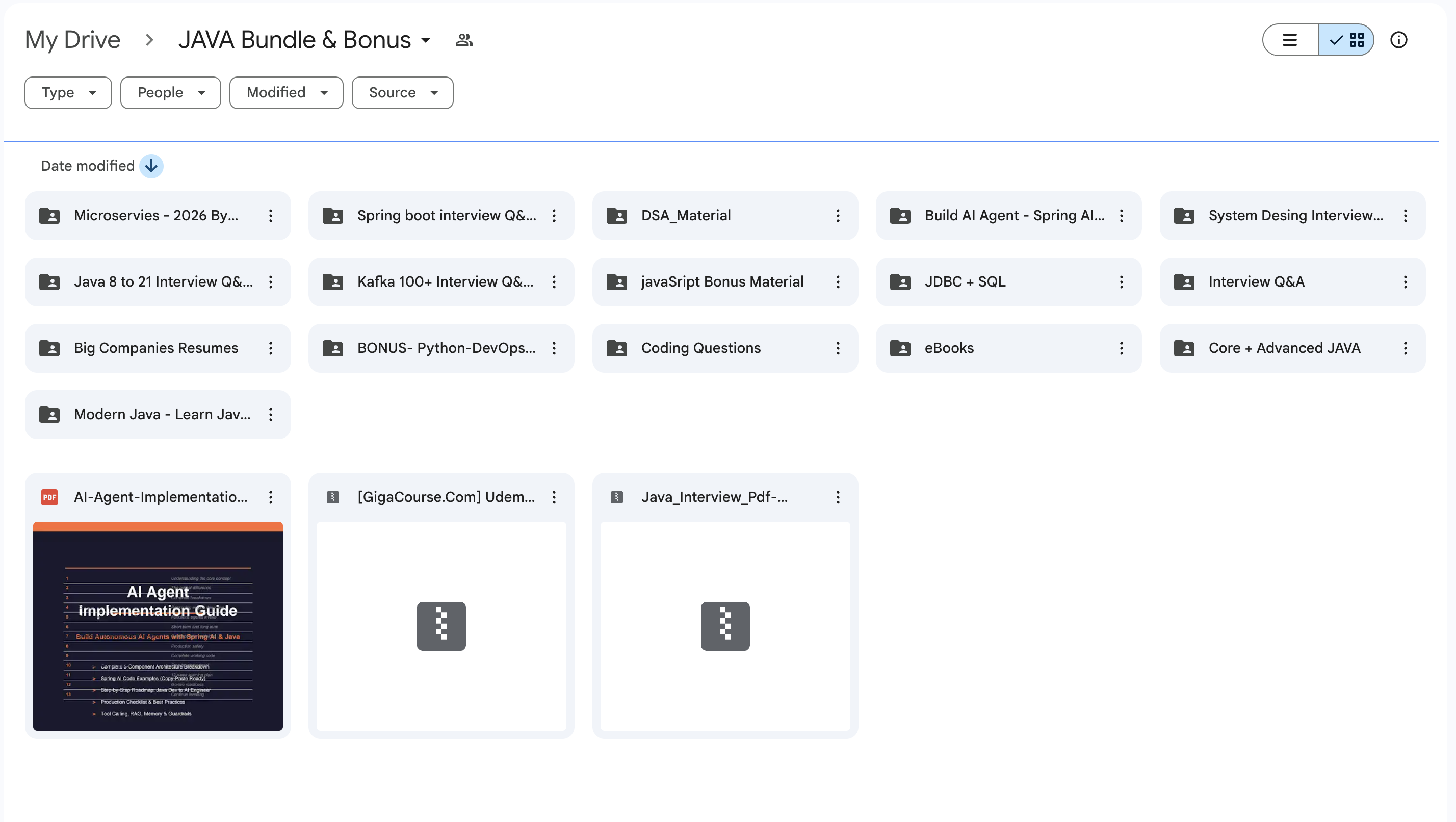 Preview of the Google Drive folder you receive — JAVA Bundle & Bonus containing Core & Advanced Java, Spring Boot, Microservices, DSA, Kafka, System Design, JDBC + SQL, eBooks, coding questions, resumes, bonus tracks and PDFs